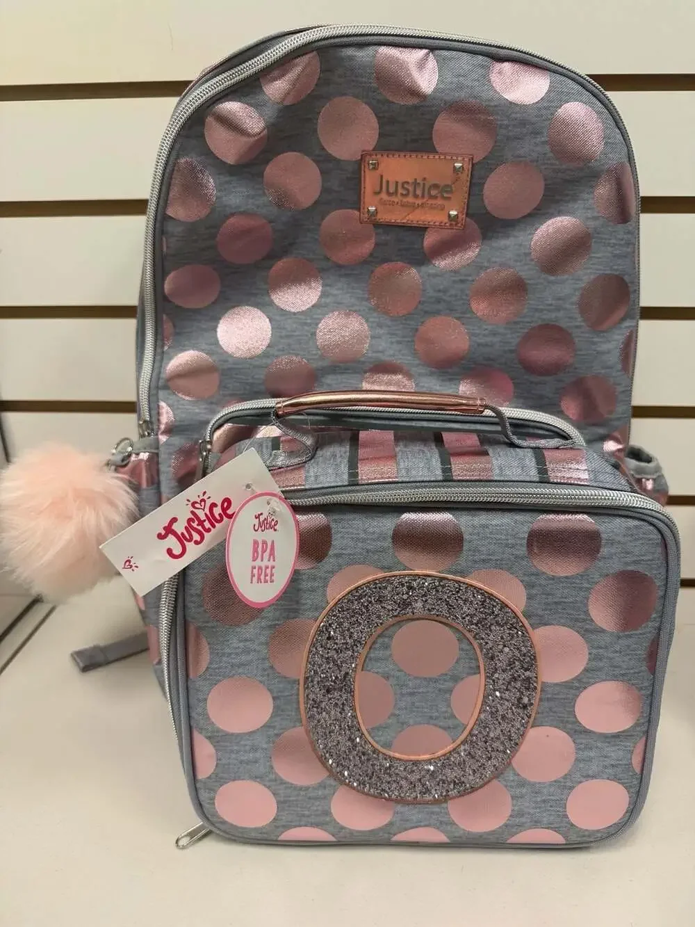 Justice  Rose Gold Foil Polka Dot Initial 'O' Backpack &  Lunch Tote NEW